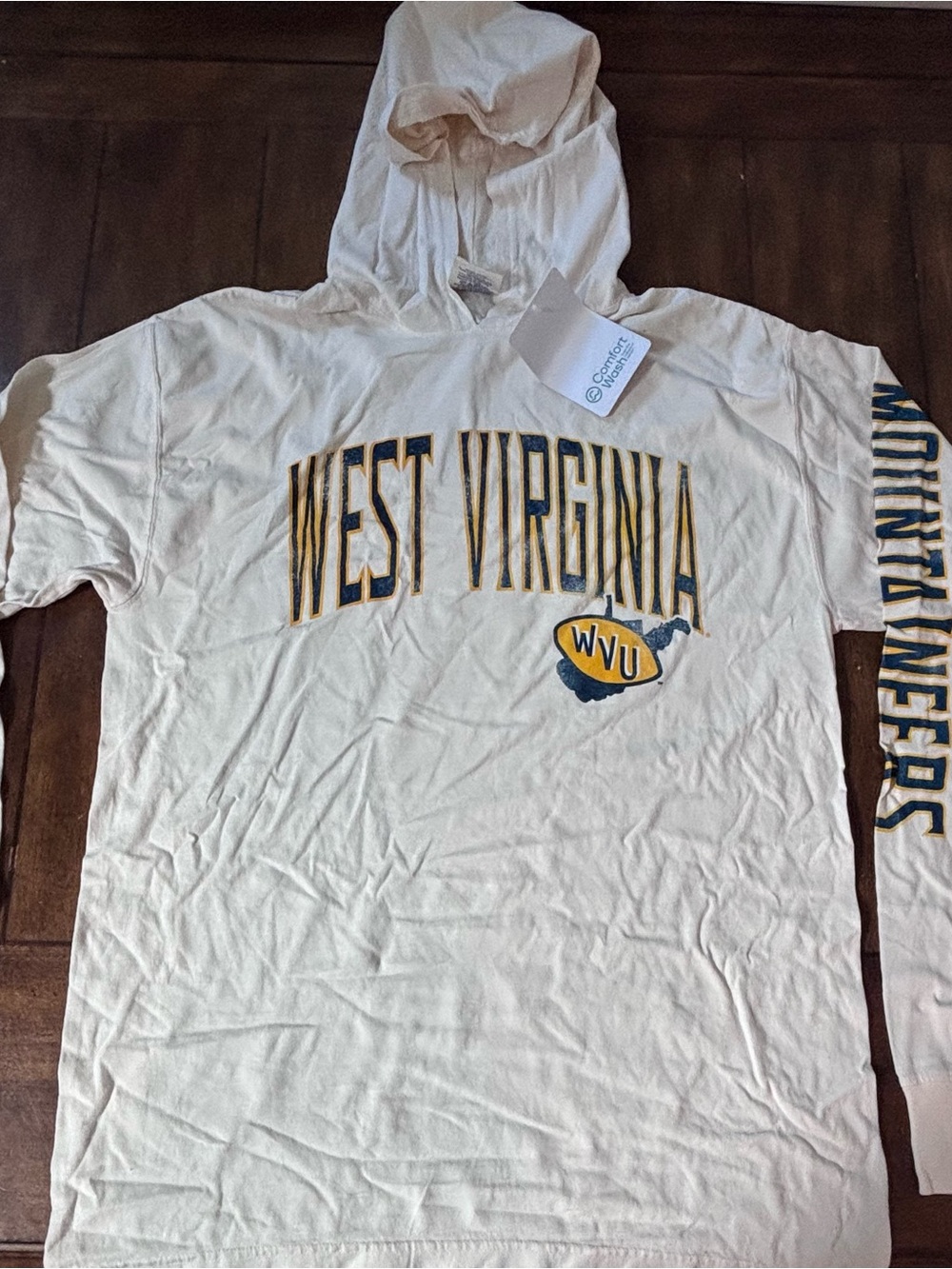West Virginia Men's ComfortWash Cream Mountaineers Hooded T-Shirt Adult Medium